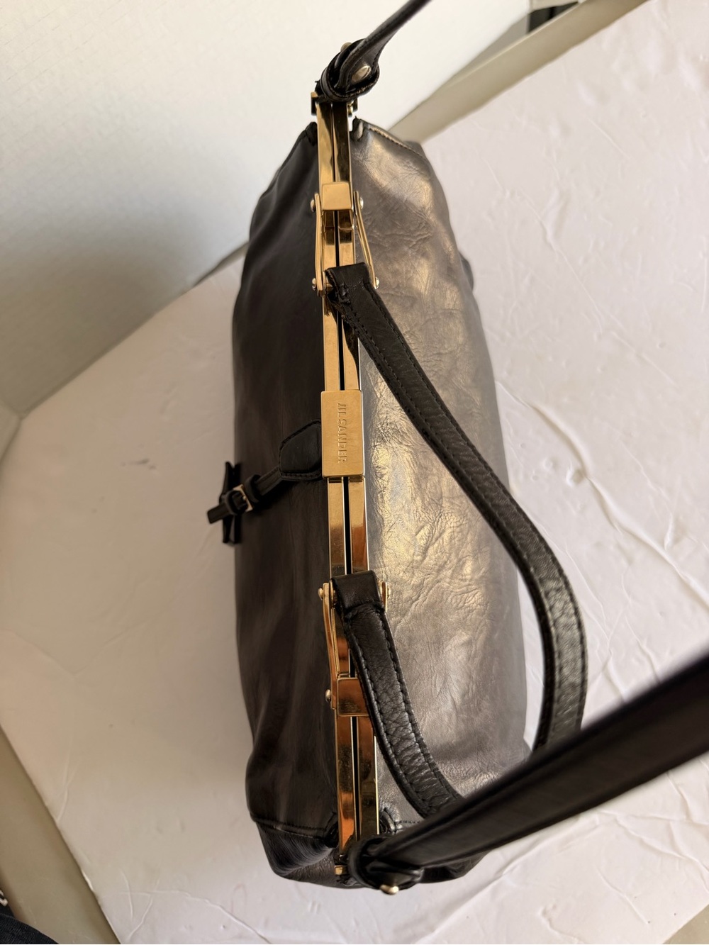 Jil Sander very dark gray Leather Top-Handle Shoulder Bag with Gold Frame - Picture 3 of 8